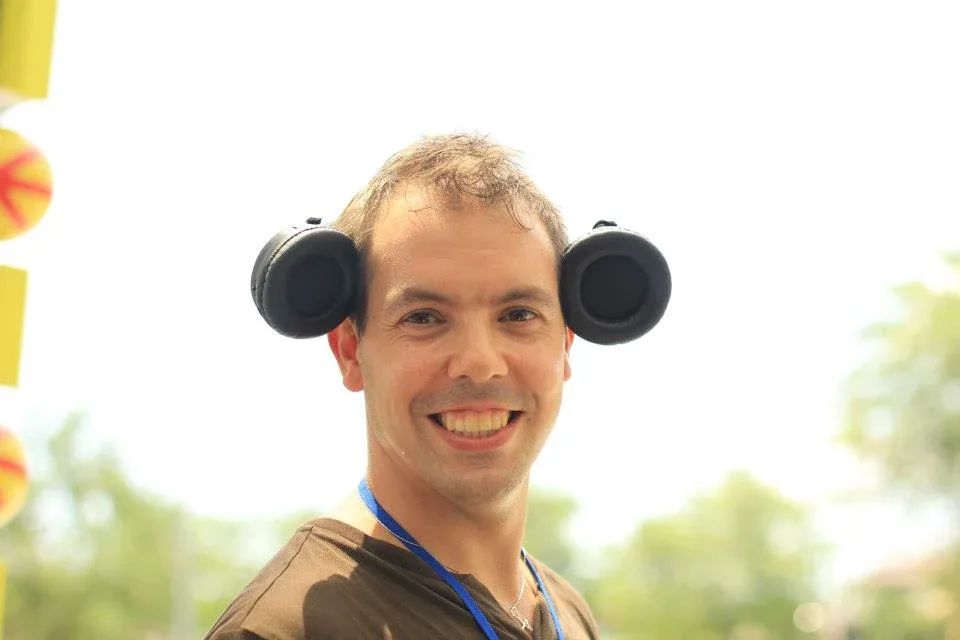 A visitor enjoying the headphone preview