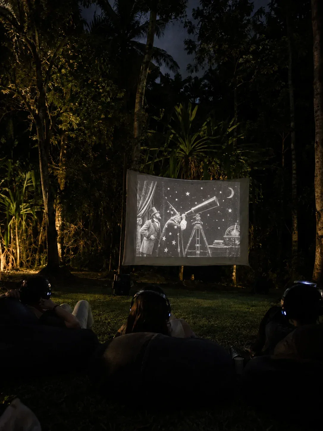 Illustration of an outdoor cinema screening in a forest with guests listening through wireless headphones